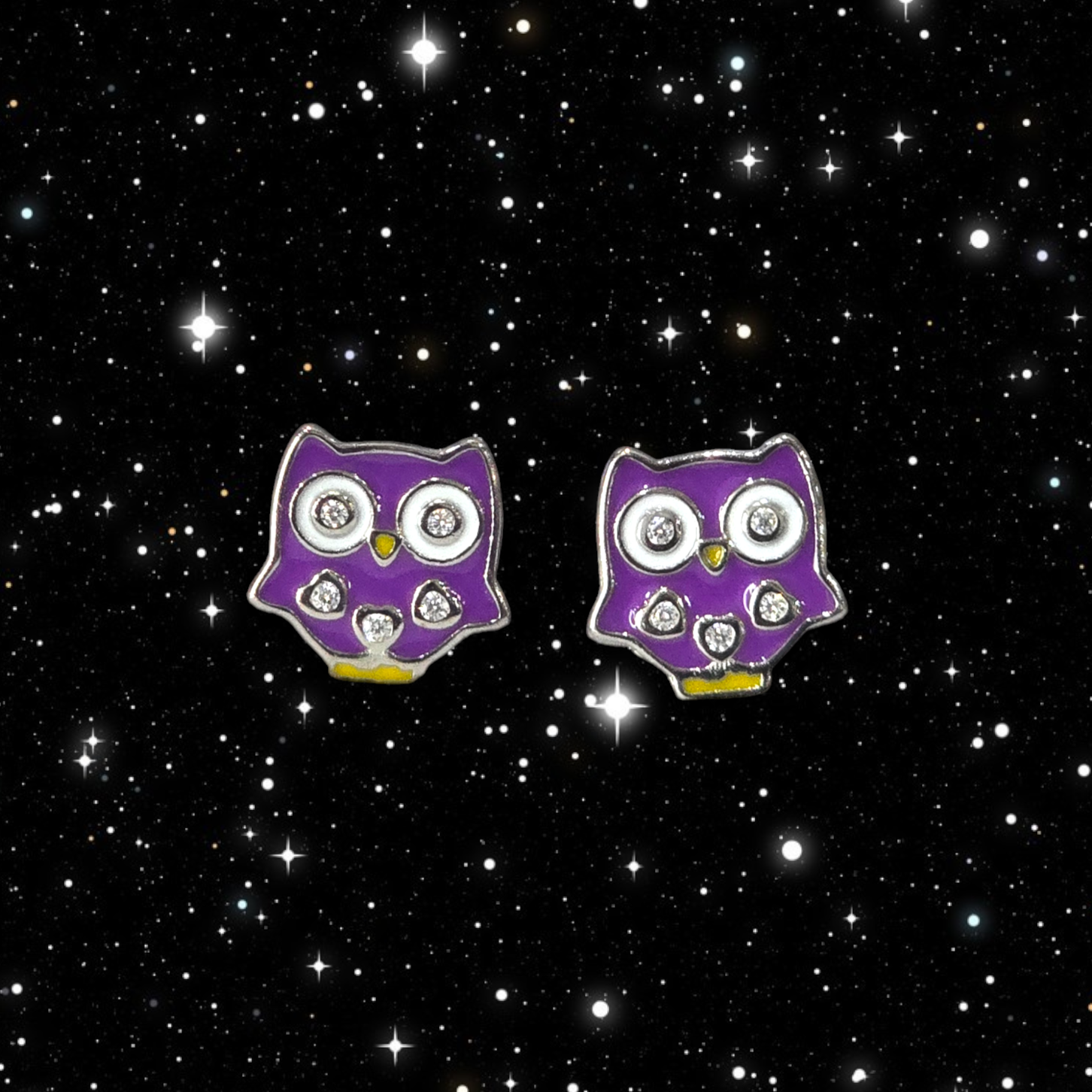 Silver Enamel Cute Owl Kids Earrings - Purple