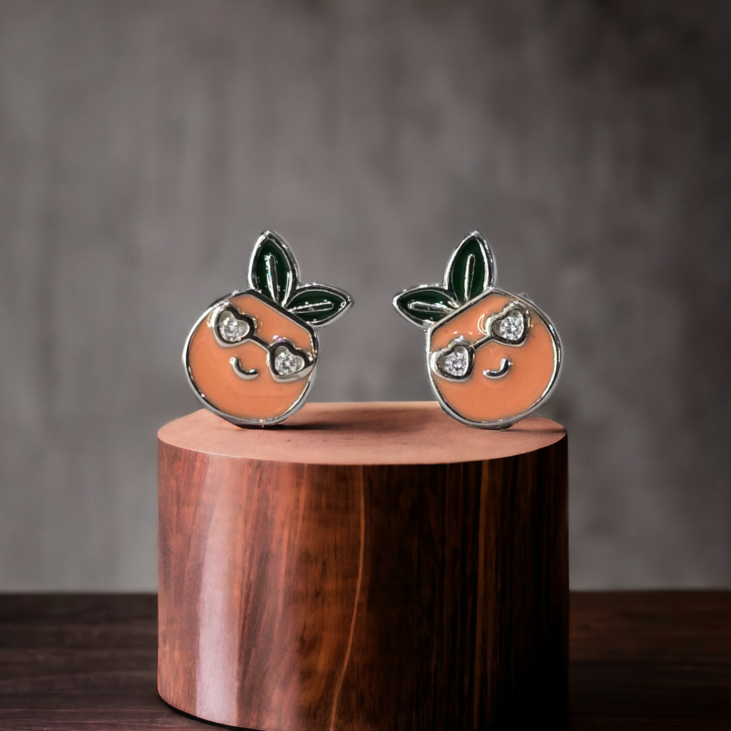 Silver Enamel Happy Apple Kids Earrings - Orange