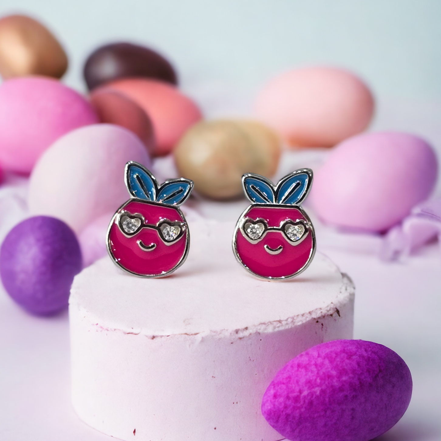 Silver Enamel Happy Apple Kids Earrings - Pink