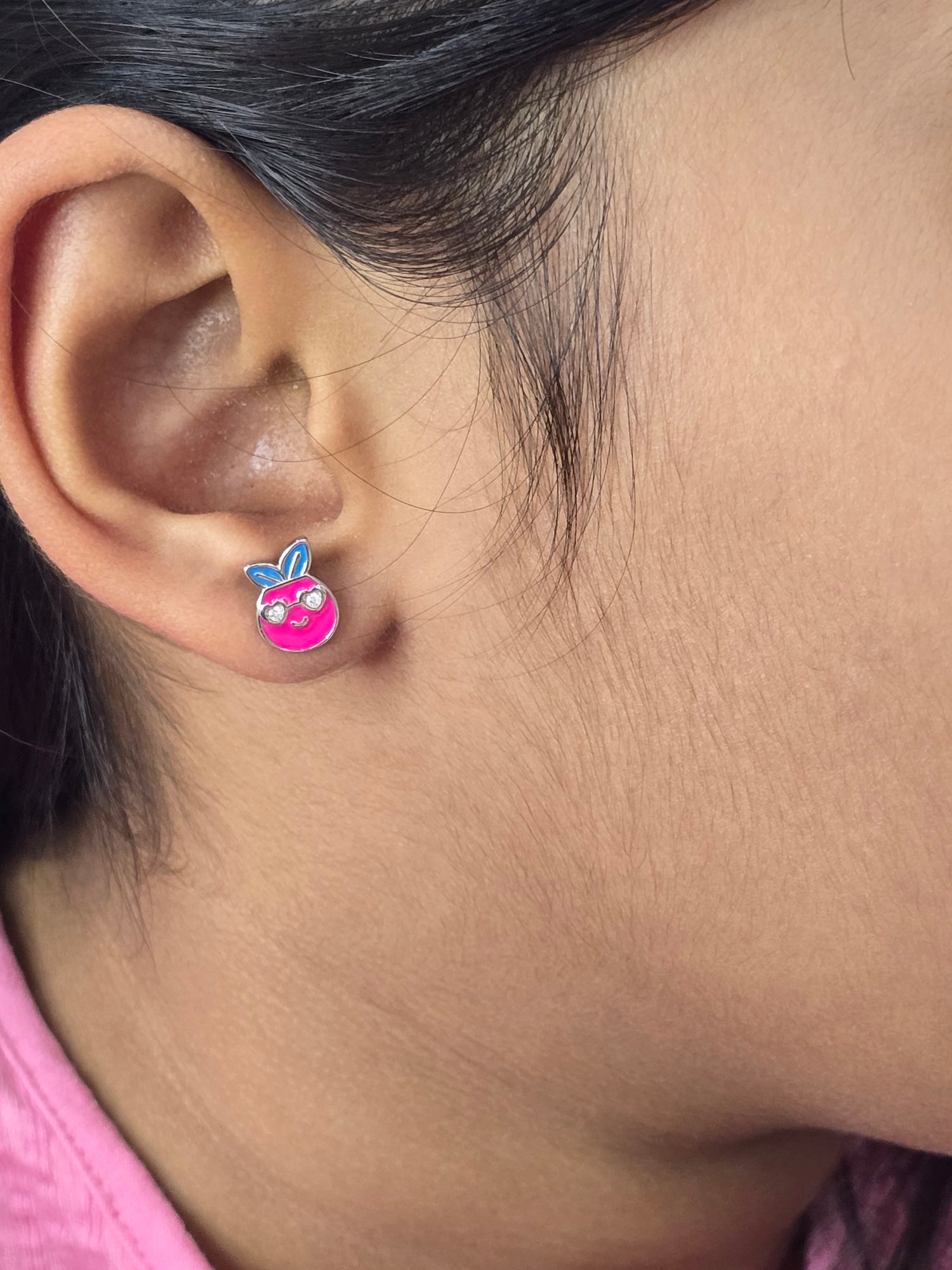 Silver Enamel Happy Apple Kids Earrings - Pink