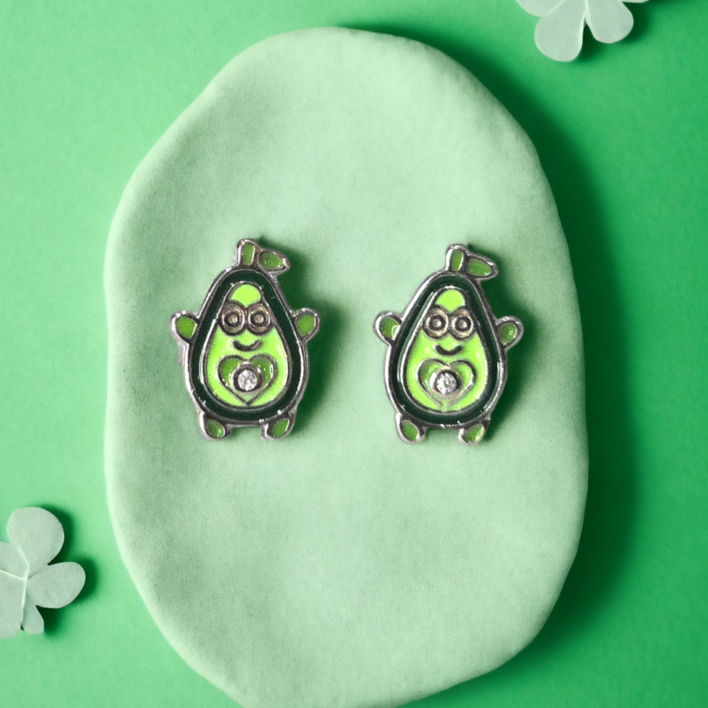 Silver Enamel Happy Avocado Kids Earrings